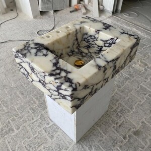 Calacatta Viola Marble square vessel sink — isometric three-quarter view (photo 7)