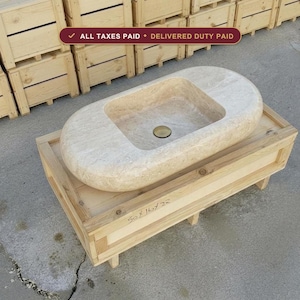 Handcarved beige travertine marble floating vanity sink by Marblyart, custom made to order — photo 1 of 13
