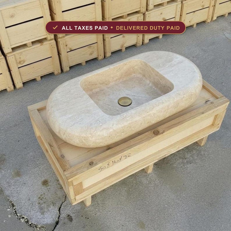 Handcarved beige travertine marble floating vanity sink by Marblyart, custom made to order — photo 1 of 13