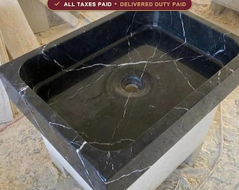 Custom Size Handcarved Nero Marquina Marble Sink , Grooved Front, Wallmount Sink , Hand Carved Sink, Black Marble Sink