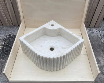 Handcarved Fluted Carrara Marble Corner Sink, Reeded Vessel Basin