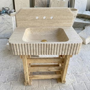 Beige Travertine square vessel sink — front view (photo 14)