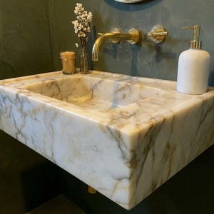 Handcarved Calacatta Gold marble vessel sink by Marblyart, custom made to order — photo 11 of 13