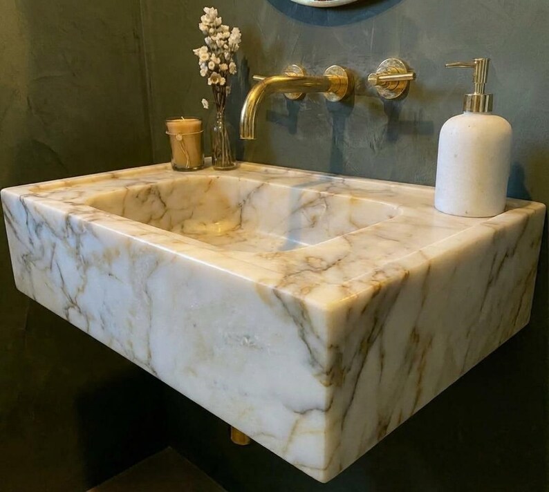 Handcarved Calacatta Gold marble vessel sink by Marblyart, custom made to order — photo 11 of 13