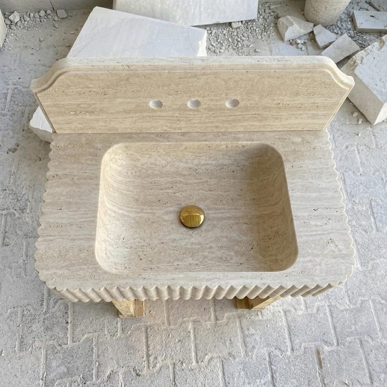 Beige Travertine square vessel sink — top-down view (photo 6)