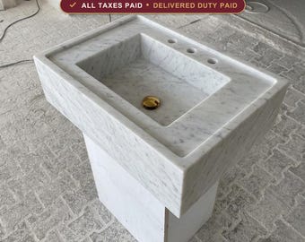 Carrara White Marble Wall Mount Sink, Handcarved, Wall Mounted Bathroom Basin