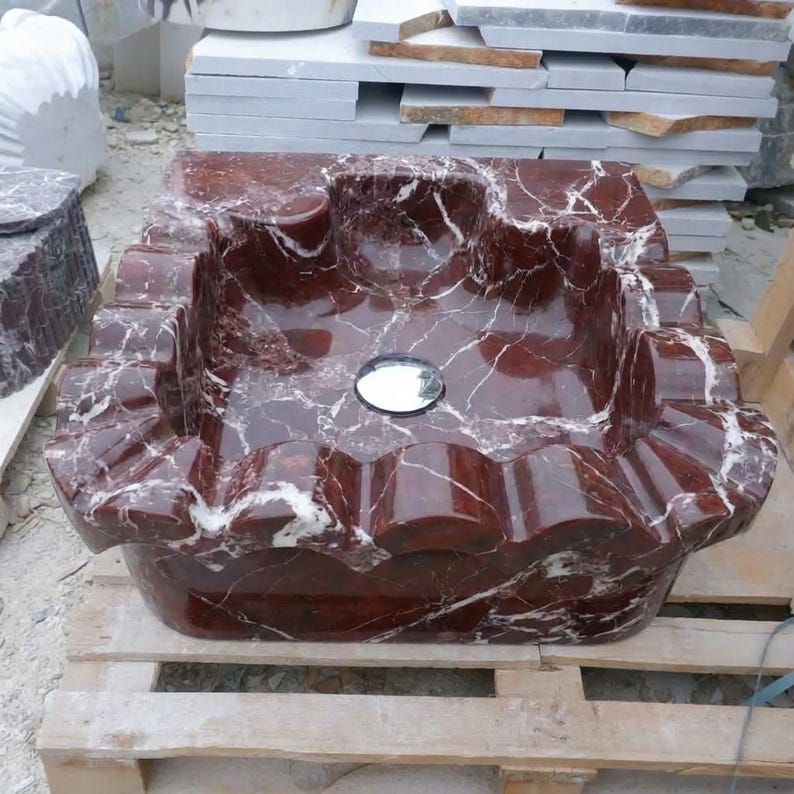 Handcarved Rosso Levanto marble floating vanity sink by Marblyart, custom made to order — photo 11 of 15