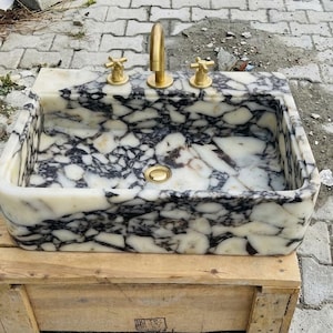 Handcarved Calacatta Viola marble vessel sink by Marblyart, custom made to order — photo 7 of 12