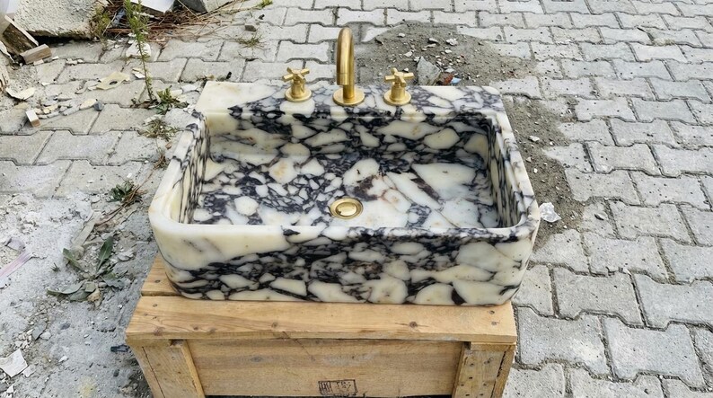 Handcarved Calacatta Viola marble vessel sink by Marblyart, custom made to order — photo 7 of 12