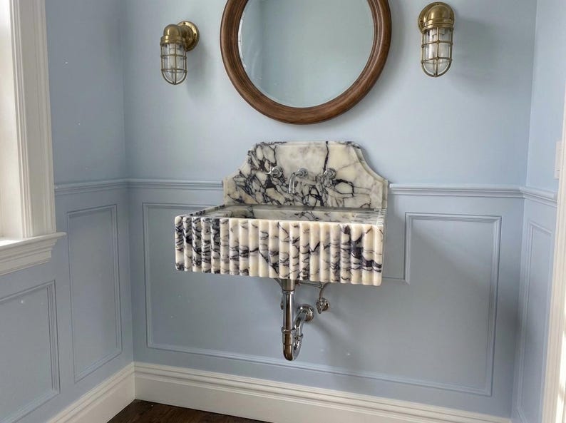Handcarved natural marble marble floating vanity sink by Marblyart, custom made to order — photo 7 of 12