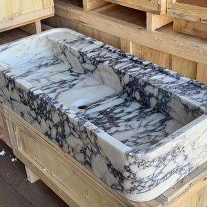 Handcarved Calacatta Viola marble vessel sink by Marblyart, custom made to order — photo 4 of 11
