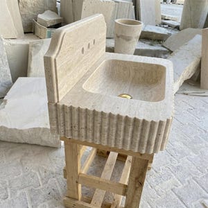 Beige Travertine square vessel sink — left side view (photo 4)
