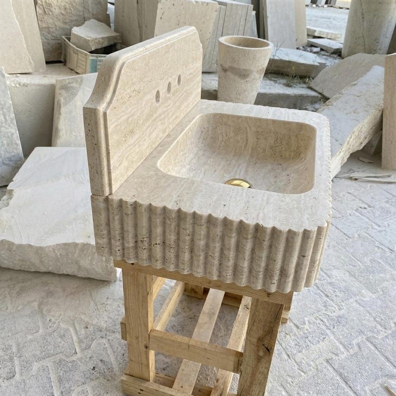 Beige Travertine square vessel sink — left side view (photo 4)