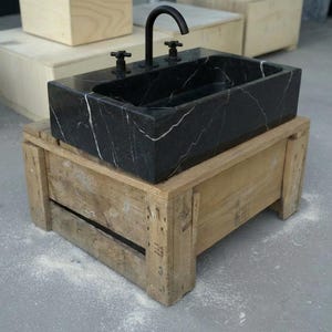 Handcarved Nero Marquina marble vessel sink by Marblyart, custom made to order — photo 9 of 17