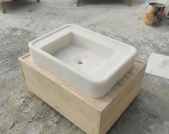 Lavabo de mármol de Carrara a medida, lavabo rectangular sobre encimera, lavabo de piedra blanca, encimera de baño, lavabo de piedra natural hecho a mano.