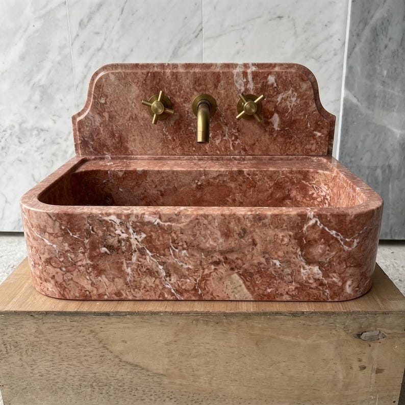 Red Travertine wall mount sink — front view (photo 2)
