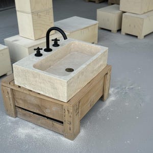 Handcarved beige travertine marble vessel sink by Marblyart, custom made to order — photo 2 of 11