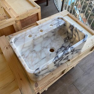 Handcarved Calacatta Viola marble vessel sink by Marblyart, custom made to order — photo 4 of 7