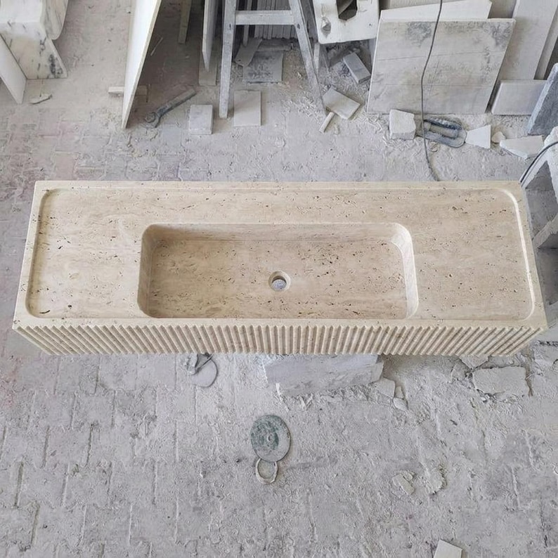 Beige Travertine fluted vessel sink — bird's eye view (photo 16)