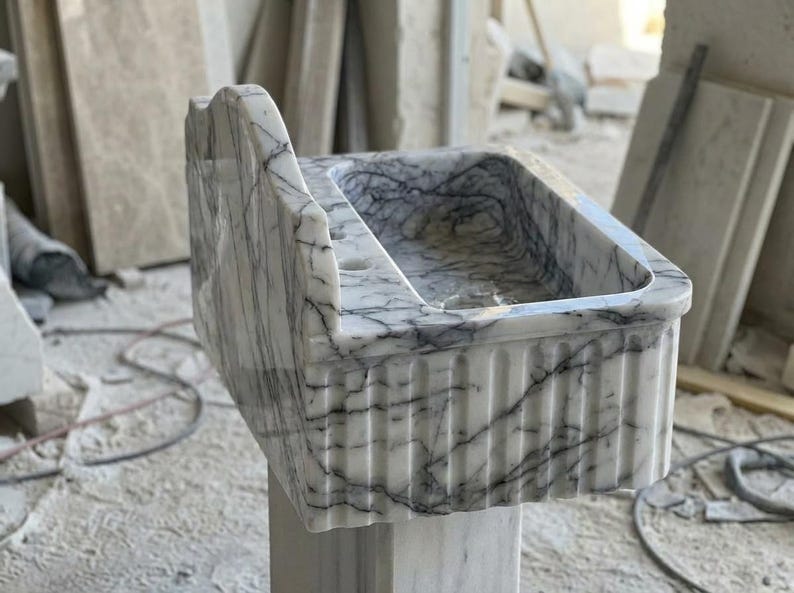 Handcarved Lilac marble fluted vessel sink by Marblyart, custom made to order — photo 8 of 11