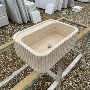 Handcarved beige travertine marble vessel sink by Marblyart, custom made to order — photo 2 of 13