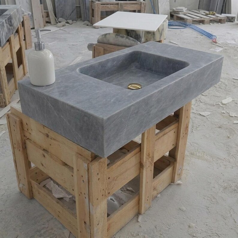 Thundra Gray Marble square vessel sink — isometric three-quarter view (photo 10)