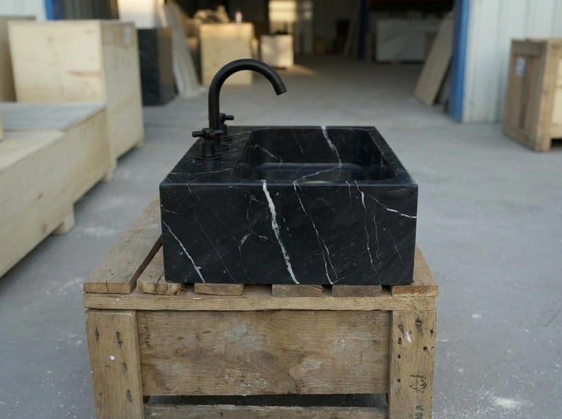 Handcarved Nero Marquina marble vessel sink by Marblyart, custom made to order — photo 4 of 17