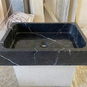Handcarved Nero Marquina marble vessel sink by Marblyart, custom made to order — photo 6 of 13