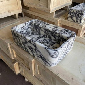 Calacatta Viola Marble square vessel sink — isometric three-quarter view (photo 5)