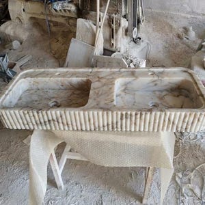 Handcarved Calacatta Gold marble double basin sink by Marblyart, custom made to order — photo 8 of 13