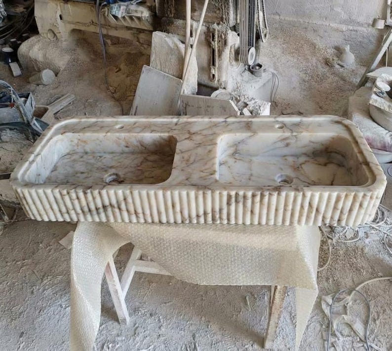 Handcarved Calacatta Gold marble double basin sink by Marblyart, custom made to order — photo 8 of 13