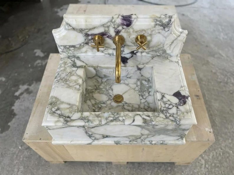 Handcarved Calacatta Monet marble wall mounted sink by Marblyart, custom made to order — photo 5 of 11