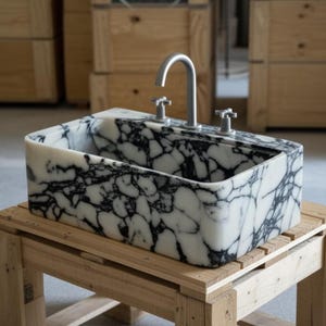 a black and white marble sink with a silver faucet, placed on a wooden stand.