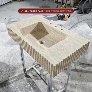 Handcarved beige travertine marble floating vanity sink by Marblyart, custom made to order — photo 1 of 10