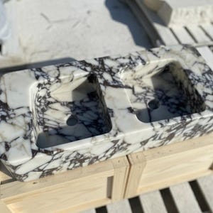 Handcarved Calacatta Viola marble double basin sink by Marblyart, custom made to order — photo 5 of 12