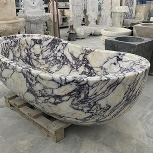 Handcarved Calacatta Viola marble freestanding bathtub by Marblyart, custom made to order — photo 5 of 13