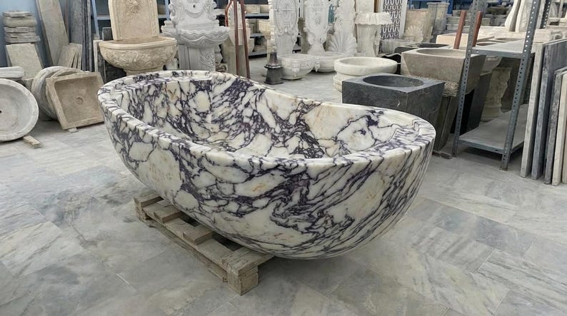 Handcarved Calacatta Viola marble freestanding bathtub by Marblyart, custom made to order — photo 5 of 13