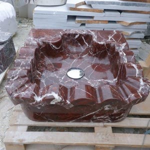 Handcarved Rosso Levanto marble floating vanity sink by Marblyart, custom made to order — photo 10 of 15