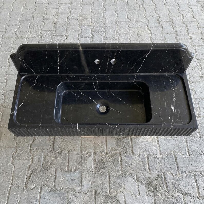Nero Marquina Marble fluted vessel sink — top-down view (photo 6)
