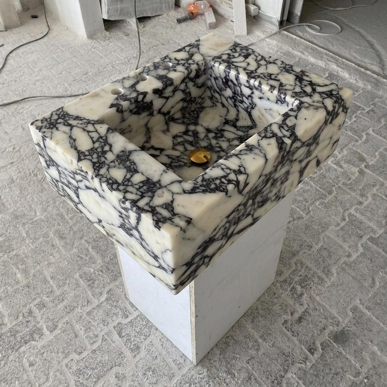 Calacatta Viola Marble wall mount sink — isometric three-quarter view (photo 9)