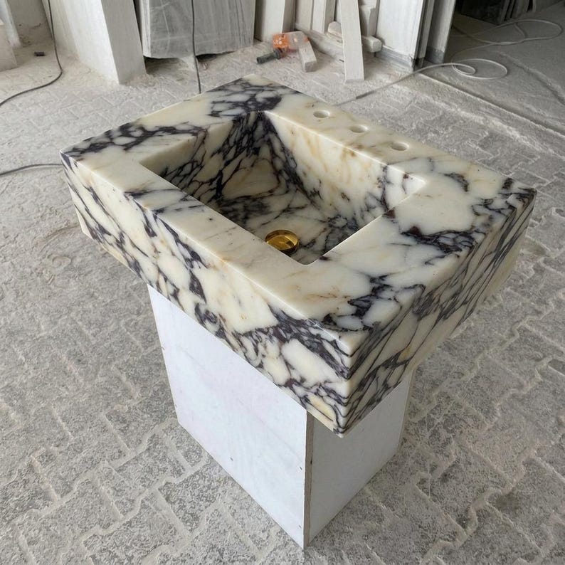 Calacatta Viola Marble square vessel sink — isometric three-quarter view (photo 6)