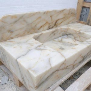 Handcarved Calacatta Gold marble floating vanity sink by Marblyart, custom made to order — photo 5 of 14