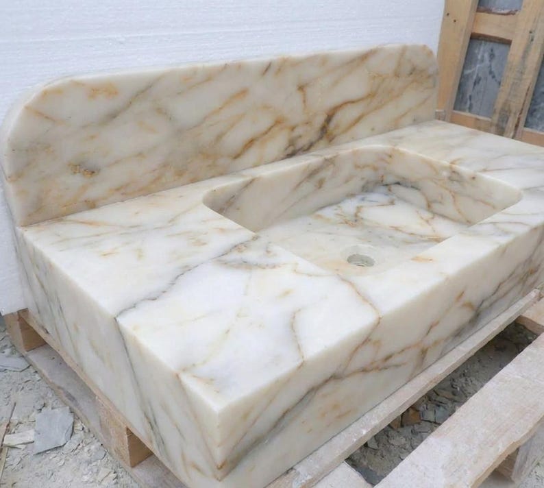 Handcarved Calacatta Gold marble floating vanity sink by Marblyart, custom made to order — photo 5 of 14