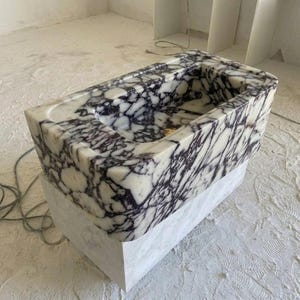 Calacatta Viola Marble square vessel sink — isometric three-quarter view (photo 3)
