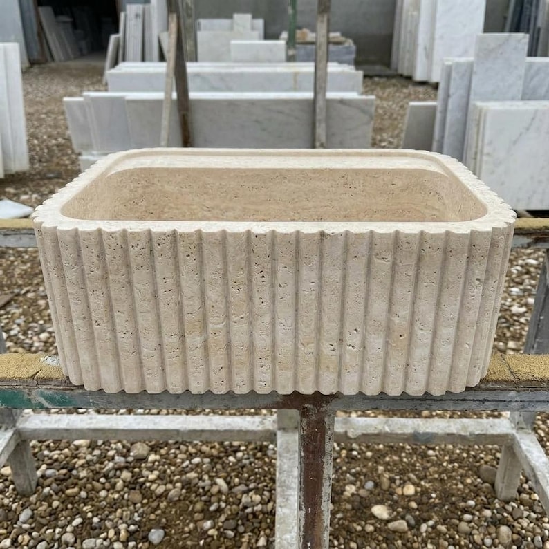Handcarved beige travertine marble vessel sink by Marblyart, custom made to order — photo 13 of 13