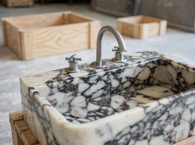a marble sink with a silver faucet, placed on a wooden stand.