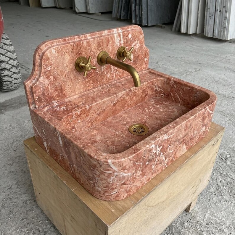 Red Travertine wall mount sink — isometric three-quarter view (photo 6)