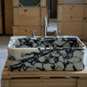 a marble-like sink with a black and white pattern, sitting on a wooden crate.