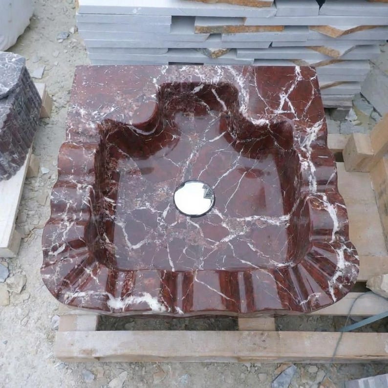 Handcarved Rosso Levanto marble floating vanity sink by Marblyart, custom made to order — photo 15 of 15