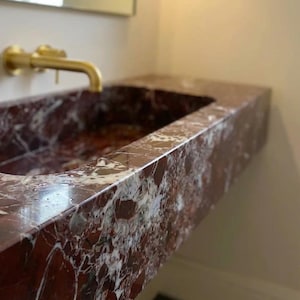 Handcarved Rosso Levanto marble floating vanity sink by Marblyart, custom made to order — photo 7 of 11